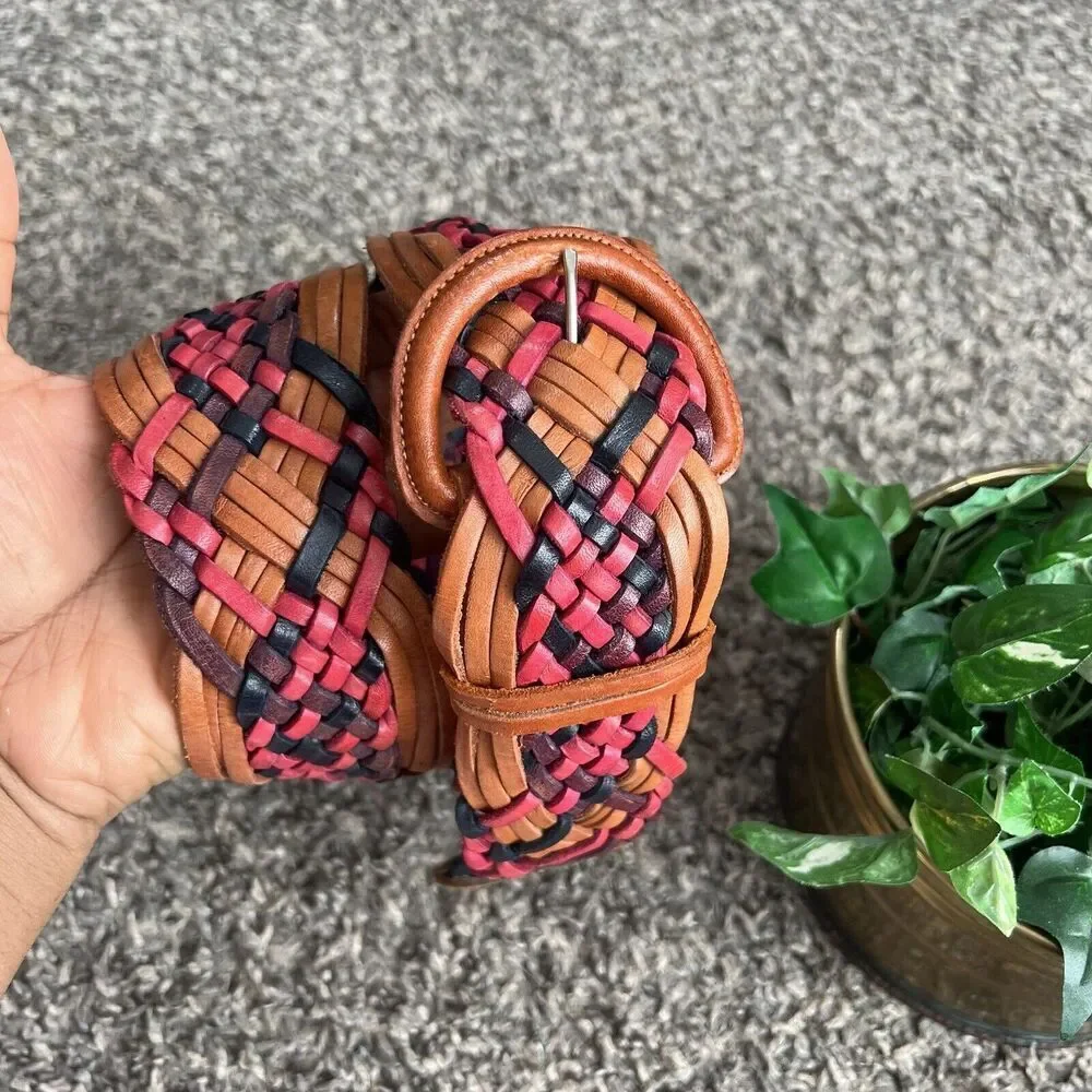 VTG Wide Weaved Braided Leather Waist Belt Size 36 Brown Boho Bohemian Classic